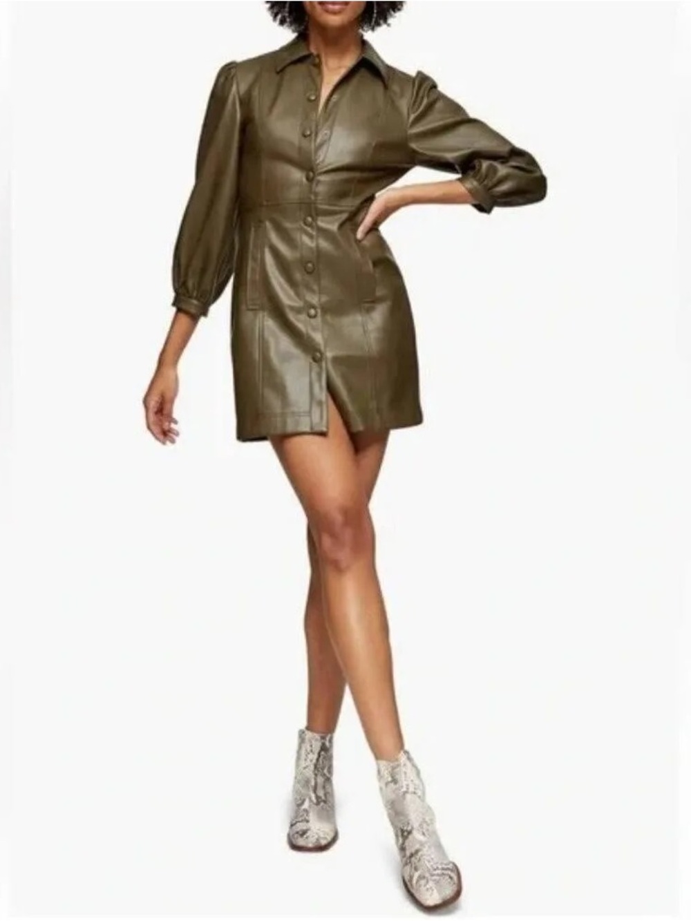 Topshop Olive Faux Leather Button-Front Mini Dress